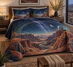 Desert Night Sky Studio Bedding Set with flat printed optical 3D turquoise stars, copper mesas and terracotta canyon corridors