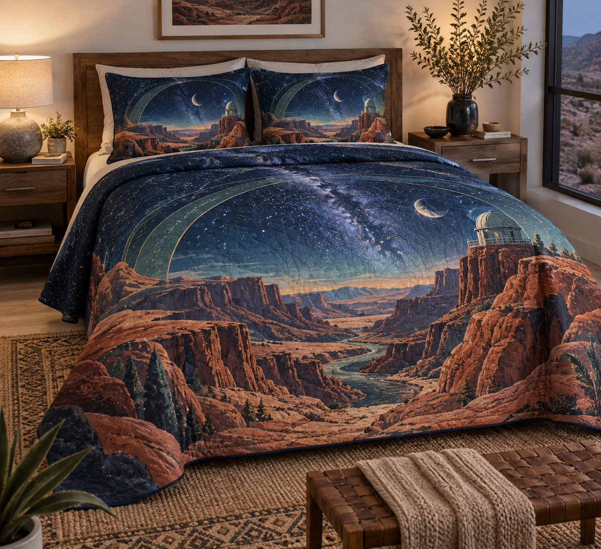 Desert Night Sky Studio Bedding Set with flat printed optical 3D turquoise stars, copper mesas and terracotta canyon corridors