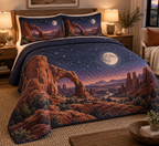 Desert Night Sky Host Gift Bedding Set with flat printed optical 3D navy stars, copper moon and terracotta desert mesas