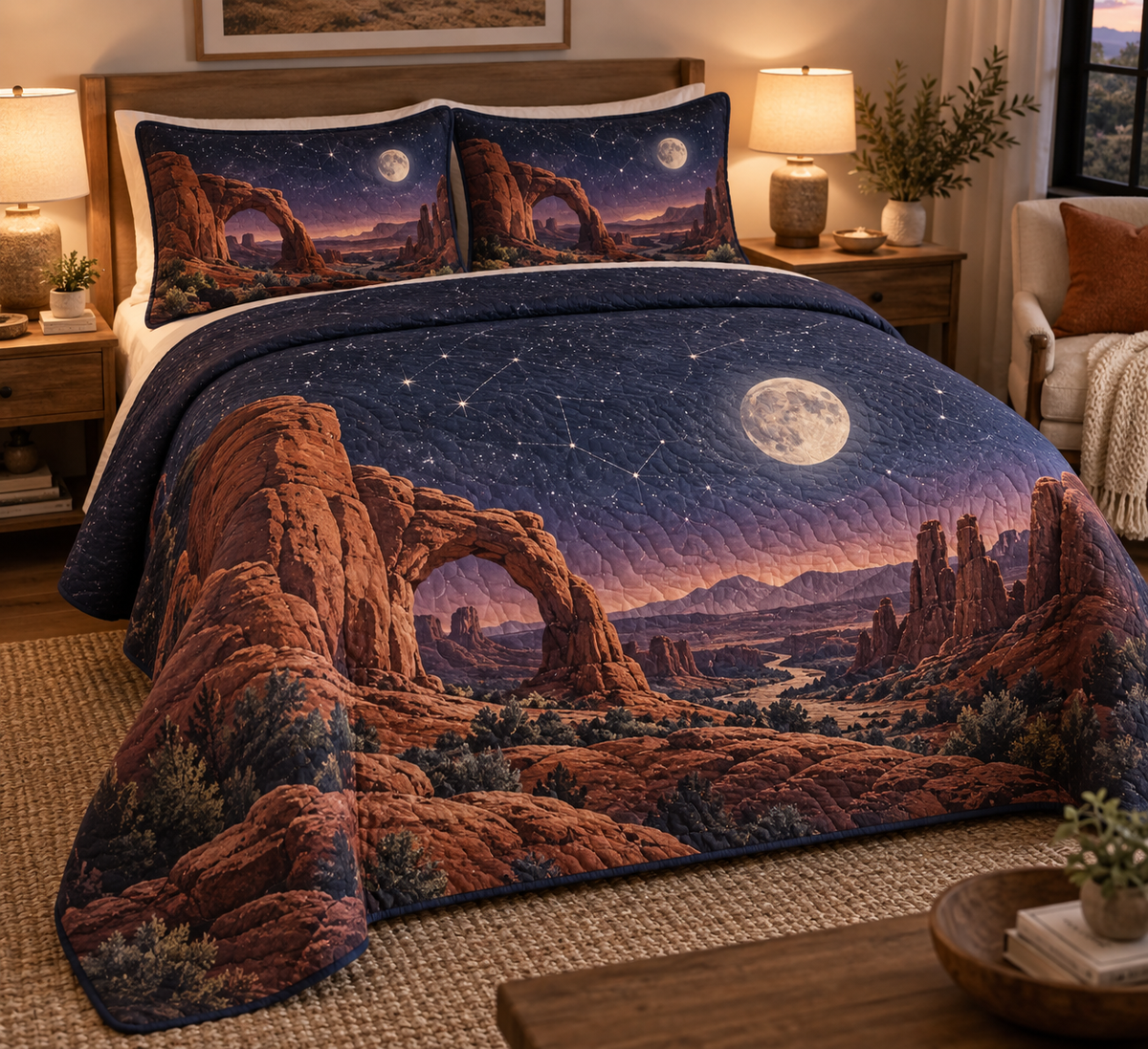 Desert Night Sky Host Gift Bedding Set with flat printed optical 3D navy stars, copper moon and terracotta desert mesas