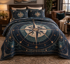 Star Compass Reading Nook Bedding Set with flat printed optical 3D ivory compass rose, indigo celestial rings and copper star routes
