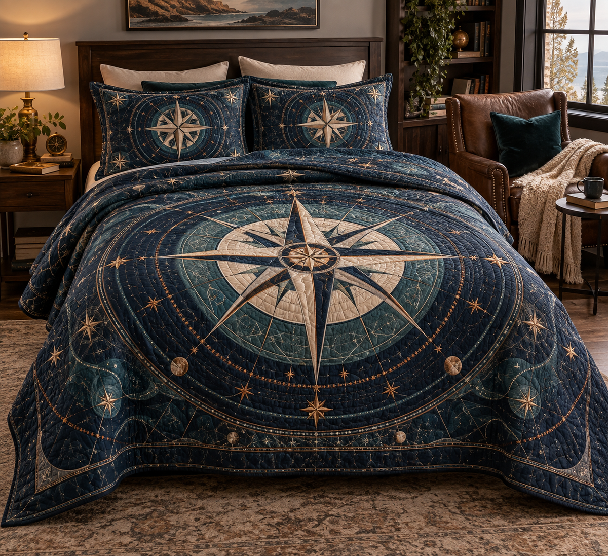 Star Compass Reading Nook Bedding Set with flat printed optical 3D ivory compass rose, indigo celestial rings and copper star routes