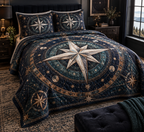 Star Compass Bedroom Bedding Set with flat printed optical 3D ivory compass rose, copper navigation rays and midnight star rings