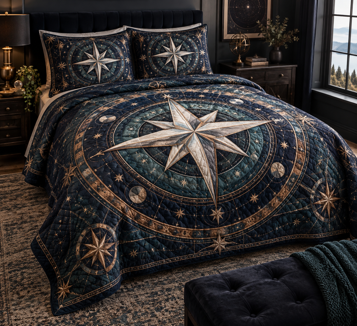 Star Compass Bedroom Bedding Set with flat printed optical 3D ivory compass rose, copper navigation rays and midnight star rings