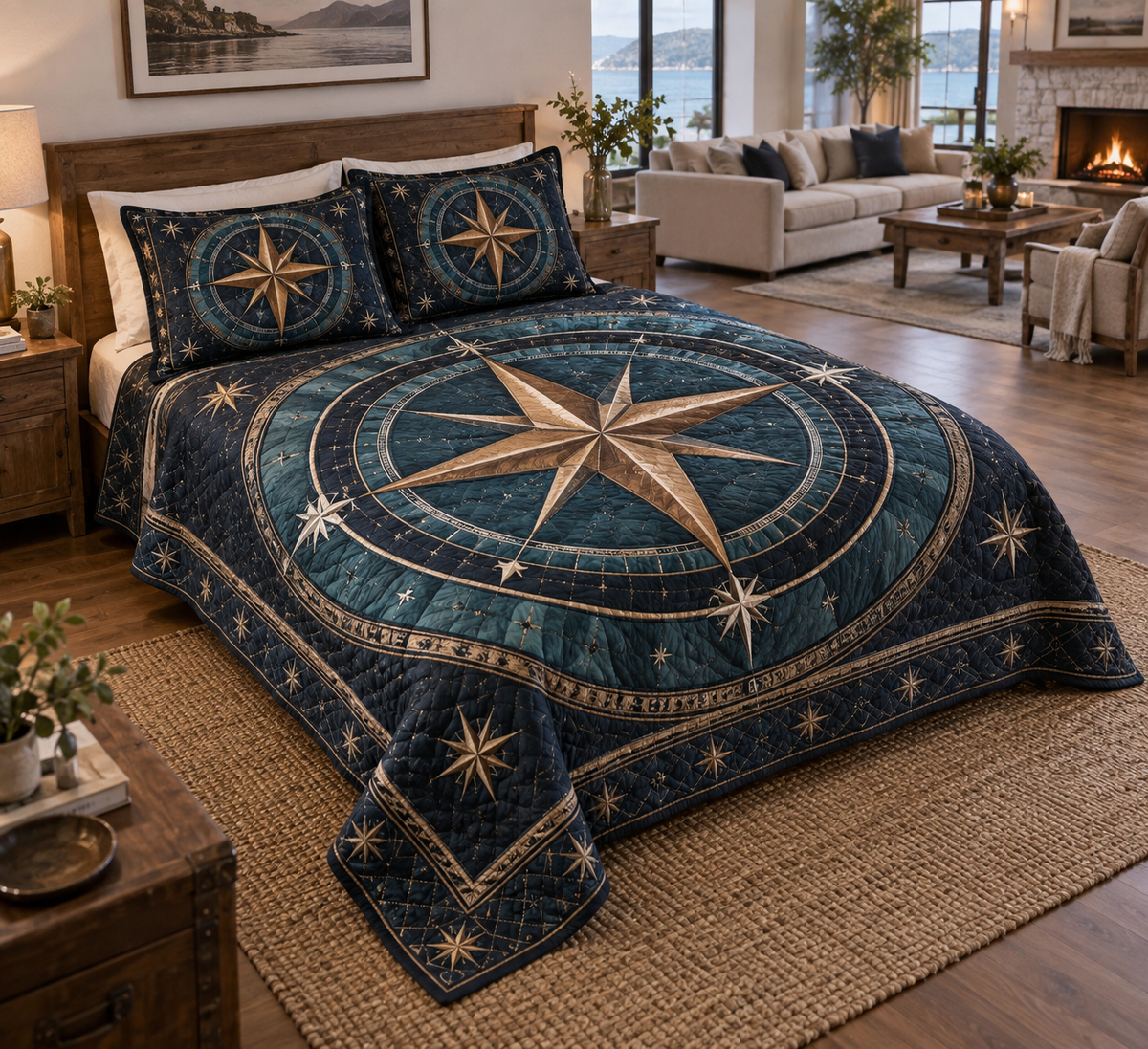 Star Compass Living Room Bedding Set with flat printed optical 3D ivory compass rose, copper rays and midnight-blue celestial rings