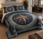 Star Compass Home Office Bedding Set with flat printed optical 3D ivory compass rose, antique brass rays and midnight navigation rings
