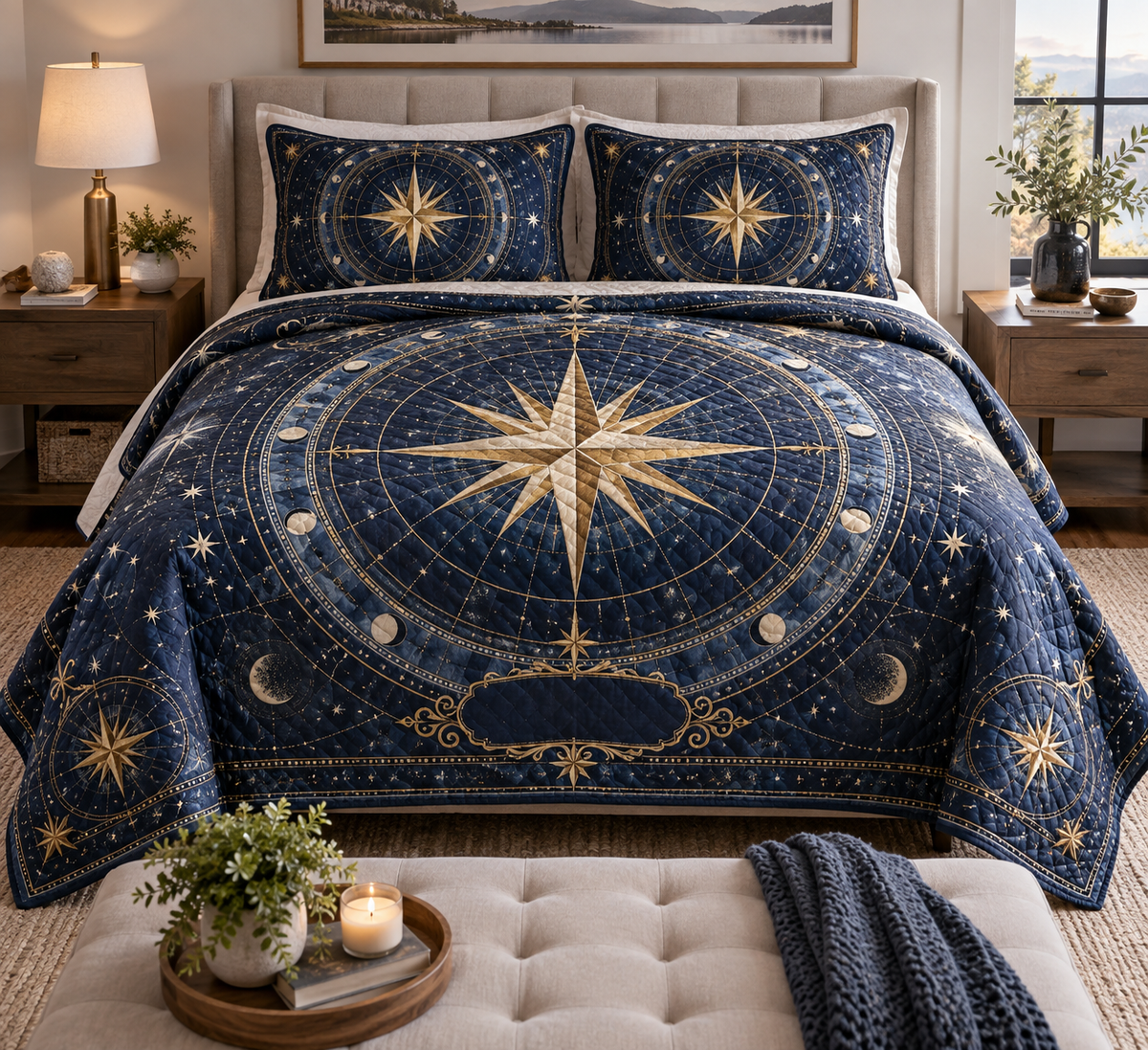 Star Compass Housewarming Bedding Set with flat printed optical 3D ivory compass rose, indigo star-map rings and copper navigation rays
