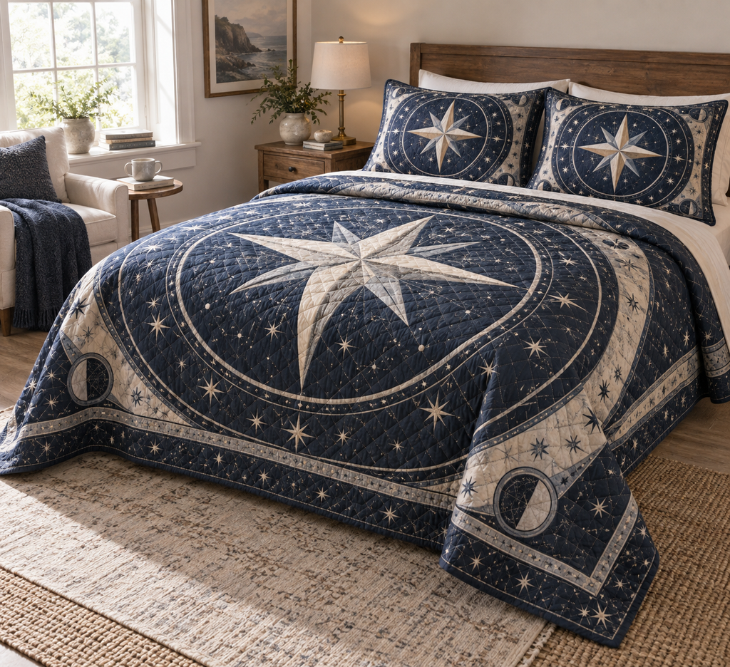 Star Compass Quiet Corner Bedding Set with flat printed optical 3D ivory compass rose, muted brass points and slate-blue celestial rings