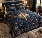 Star Compass Birthday Bedding Set with flat printed optical 3D antique-gold compass rose, navy celestial rings and pearl stars