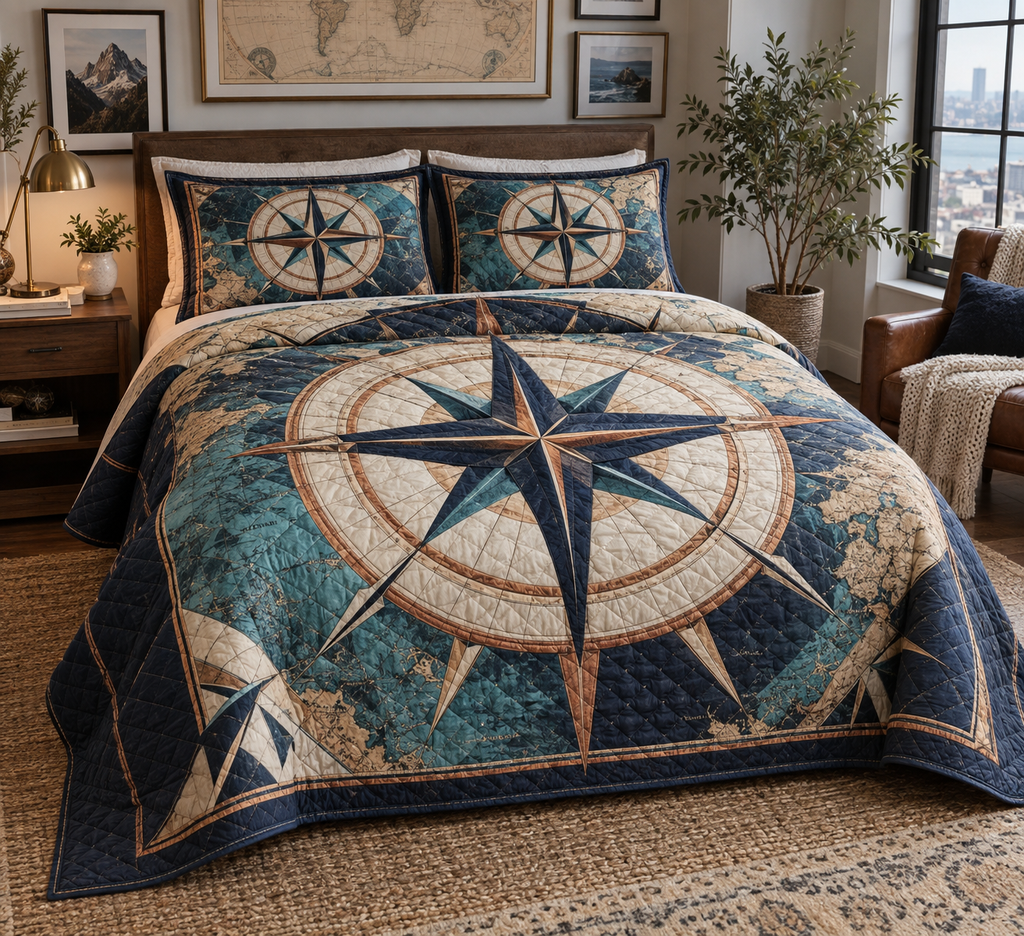 Star Compass Gallery Bedding Set with flat printed optical 3D ivory compass rose, indigo map panels and copper navigation rays
