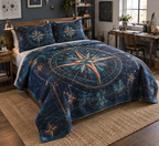 Star Compass Studio Bedding Set with flat printed optical 3D ivory compass rose, teal stars and copper routes
