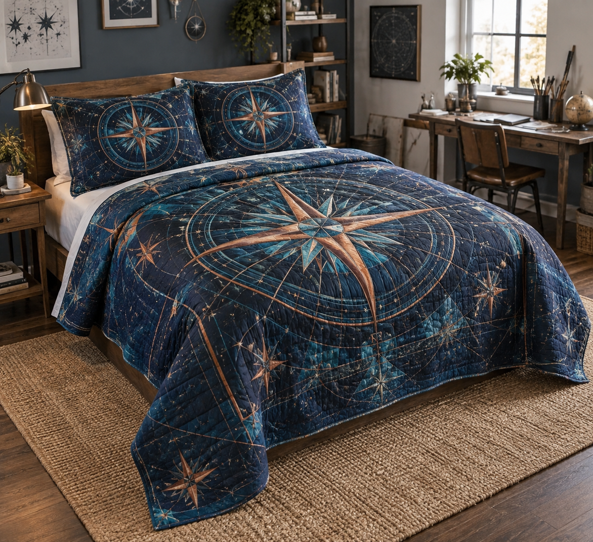 Star Compass Studio Bedding Set with flat printed optical 3D ivory compass rose, teal stars and copper routes