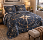 Star Compass Host Gift Bedding Set with flat printed optical 3D ivory compass rose, indigo celestial rings and warm copper rays