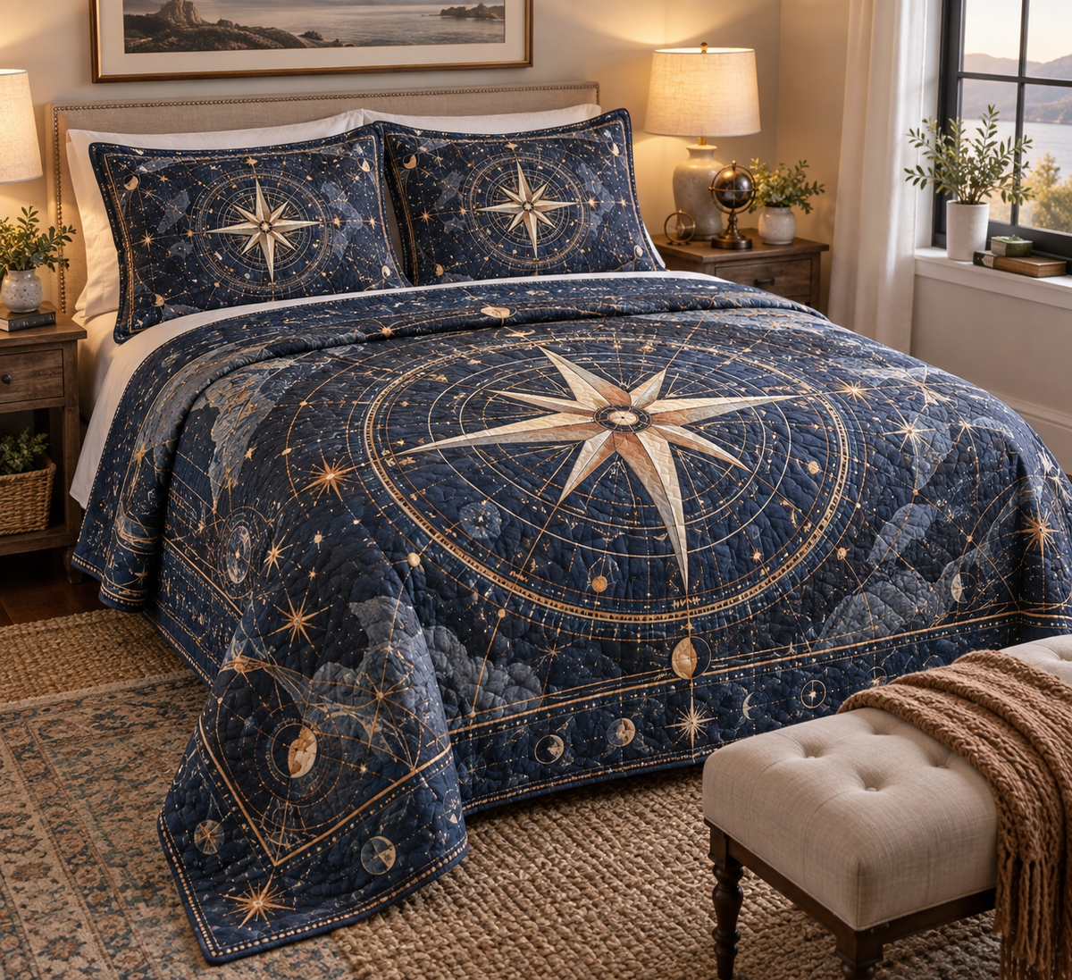 Star Compass Host Gift Bedding Set with flat printed optical 3D ivory compass rose, indigo celestial rings and warm copper rays