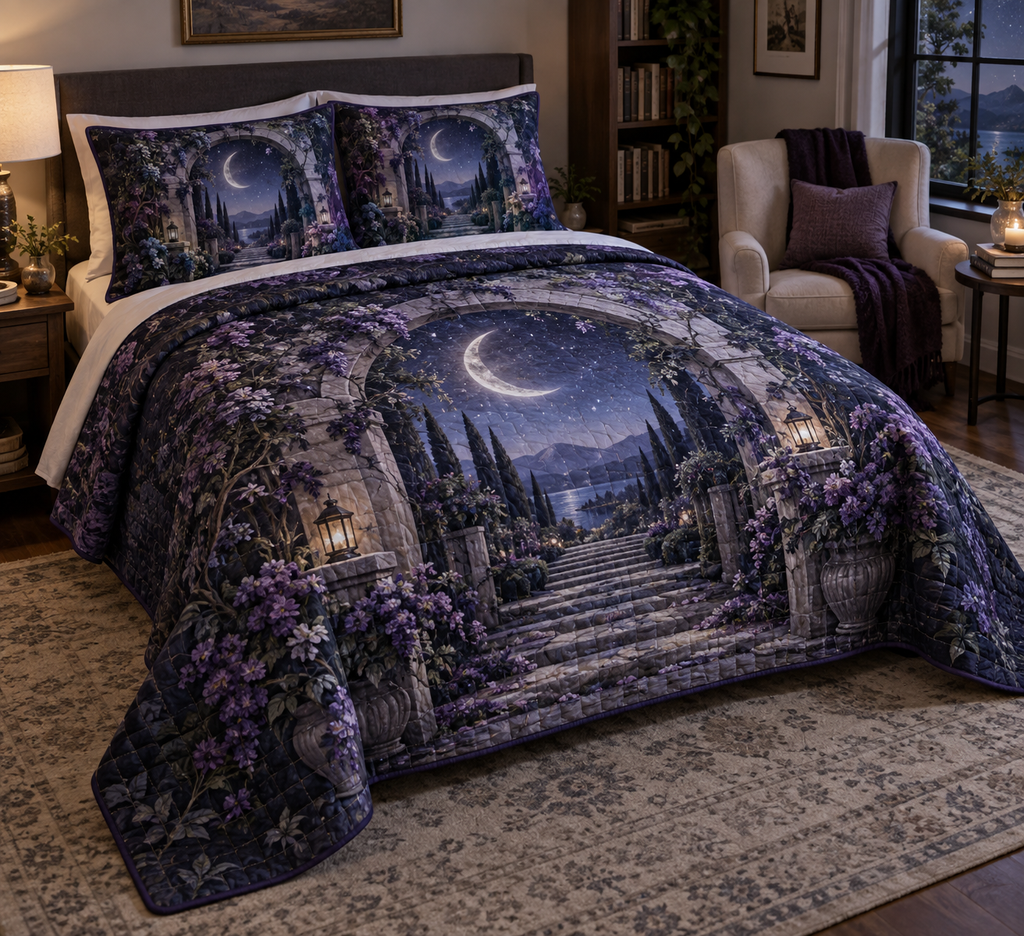 Moon Garden Gate Reading Nook Bedding Set with flat printed optical 3D moonlit ivy gate, silver crescent and indigo garden path