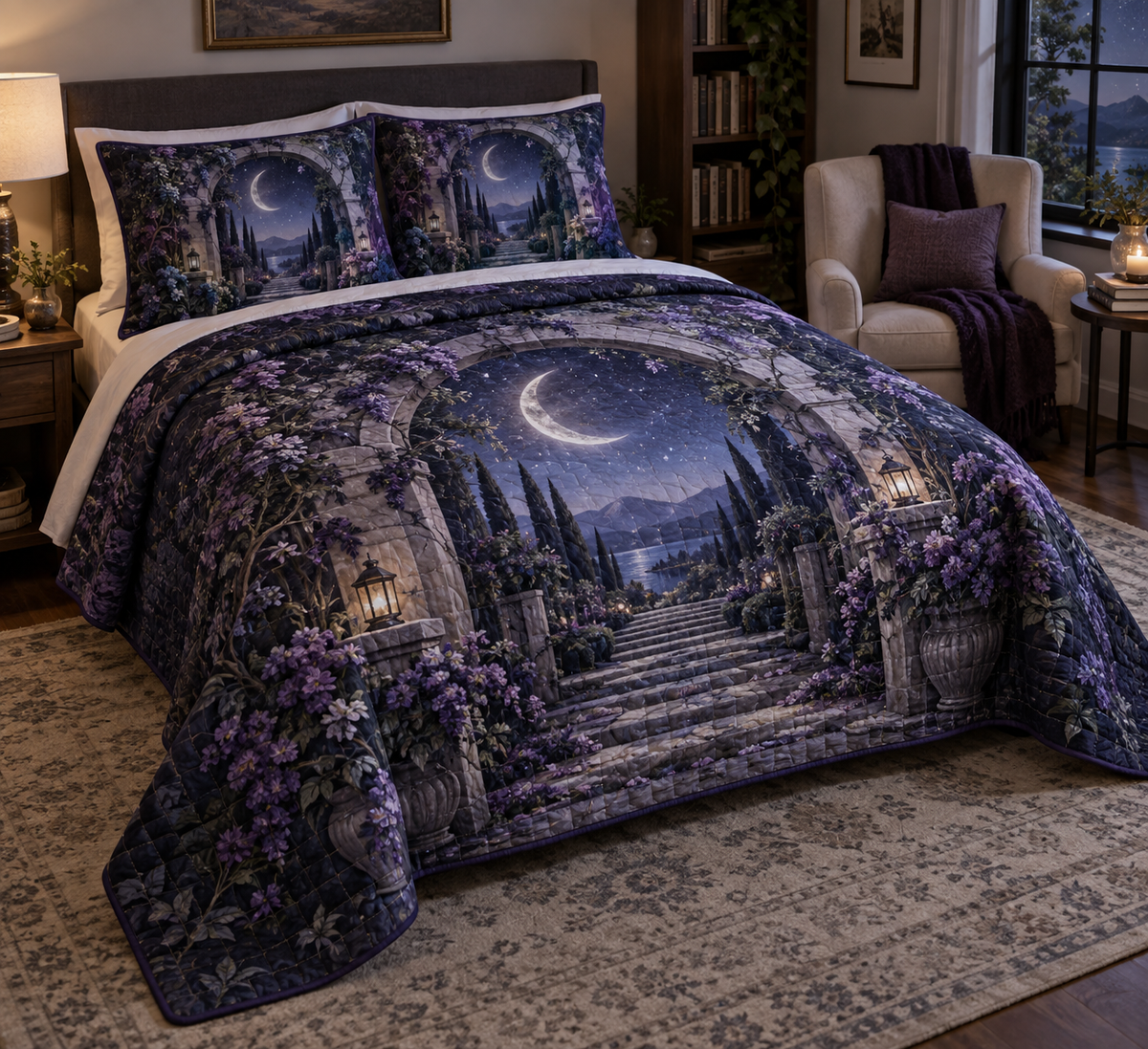 Moon Garden Gate Reading Nook Bedding Set with flat printed optical 3D moonlit ivy gate, silver crescent and indigo garden path
