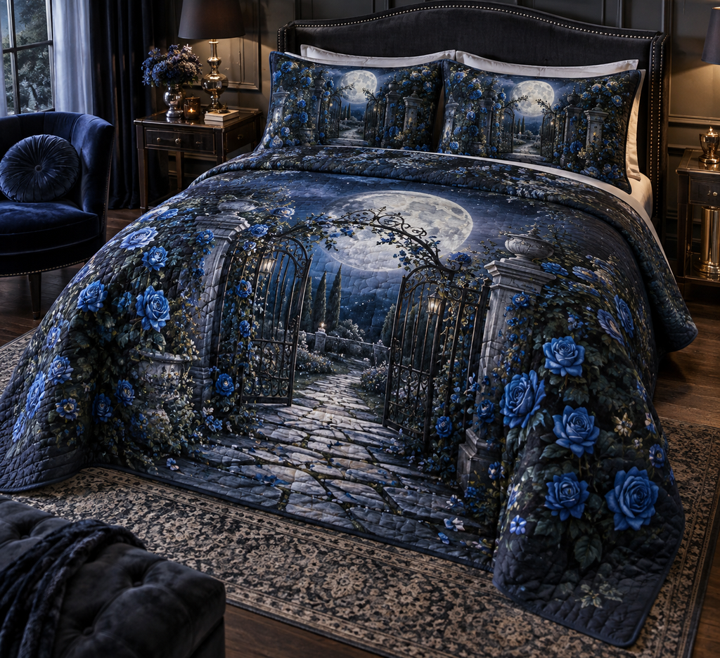 Moon Garden Gate Bedroom Bedding Set with flat printed optical 3D pearl moon, cobalt floral gate and receding garden path