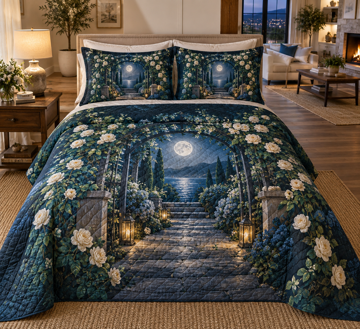Moon Garden Gate Living Room Bedding Set with flat printed optical 3D cream moon, teal ivy arch and deep indigo garden path