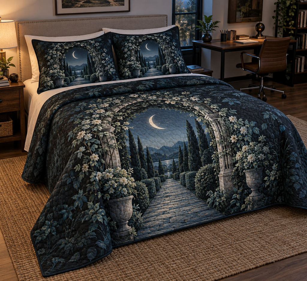 Moon Garden Gate Home Office Bedding Set with flat printed optical 3D silver moon, indigo ivy gate and teal garden path