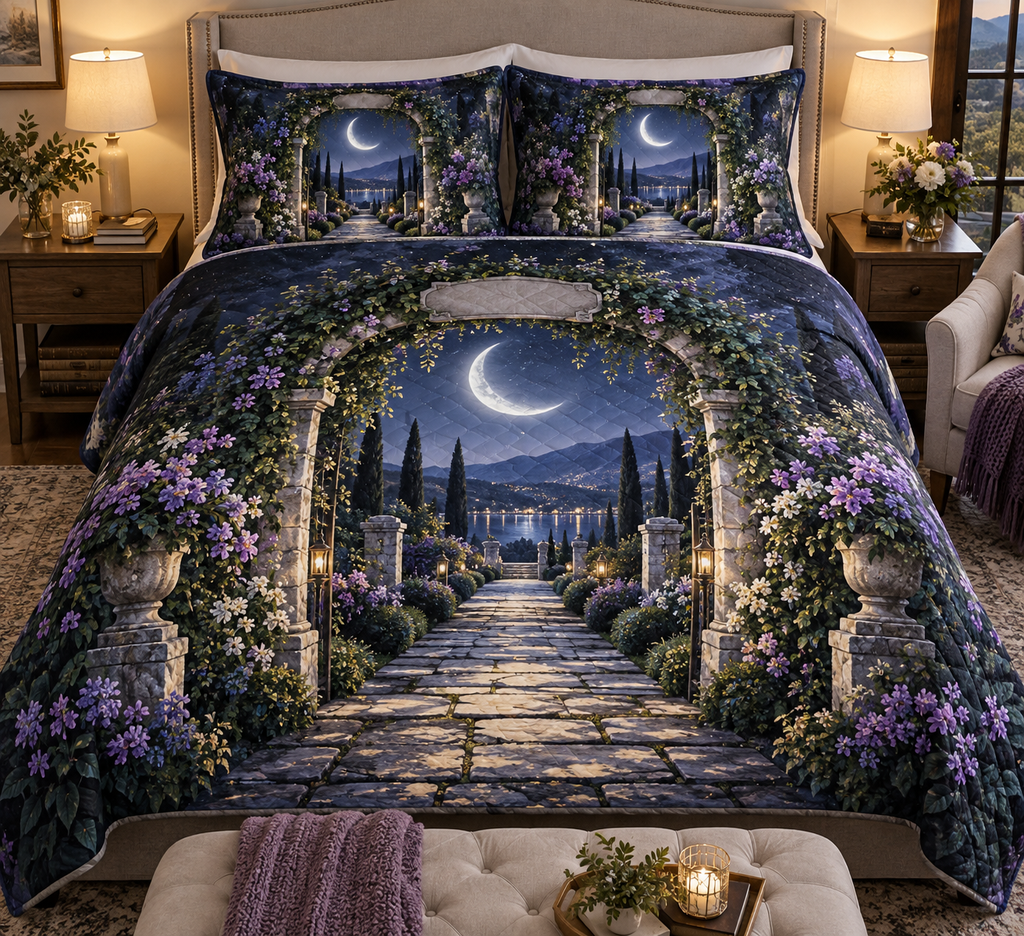 Moon Garden Gate Housewarming Bedding Set with flat printed optical 3D silver crescent, teal ivy gate and indigo garden path