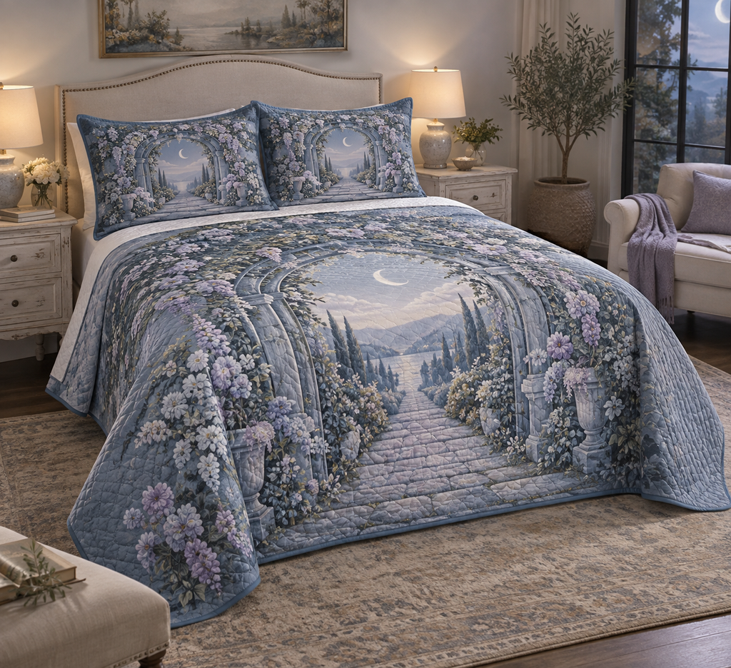 Moon Garden Gate Quiet Corner Bedding Set with flat printed optical 3D misty moon, sage ivy arch and slate-blue garden path