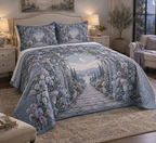 Moon Garden Gate Quiet Corner Bedding Set with flat printed optical 3D misty moon, sage ivy arch and slate-blue garden path