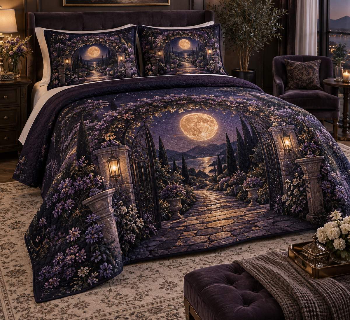 Moon Garden Gate Birthday Bedding Set with flat printed optical 3D copper moon, plum flowers and indigo garden path