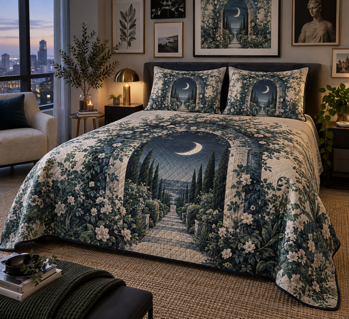 Moon Garden Gate Gallery Bedding Set with flat printed optical 3D crescent moon, indigo garden gate and receding path
