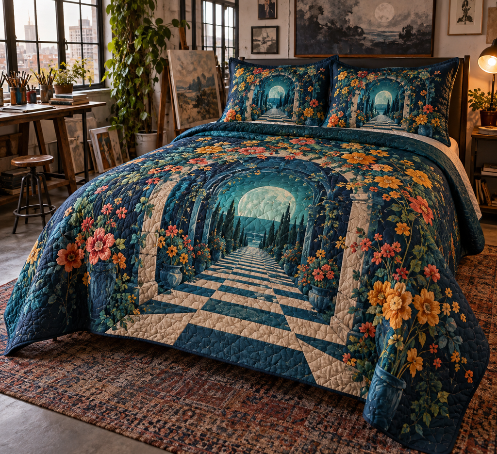 Moon Garden Gate Studio Bedding Set with flat printed optical 3D teal crescent, cobalt floral gate and receding mosaic path
