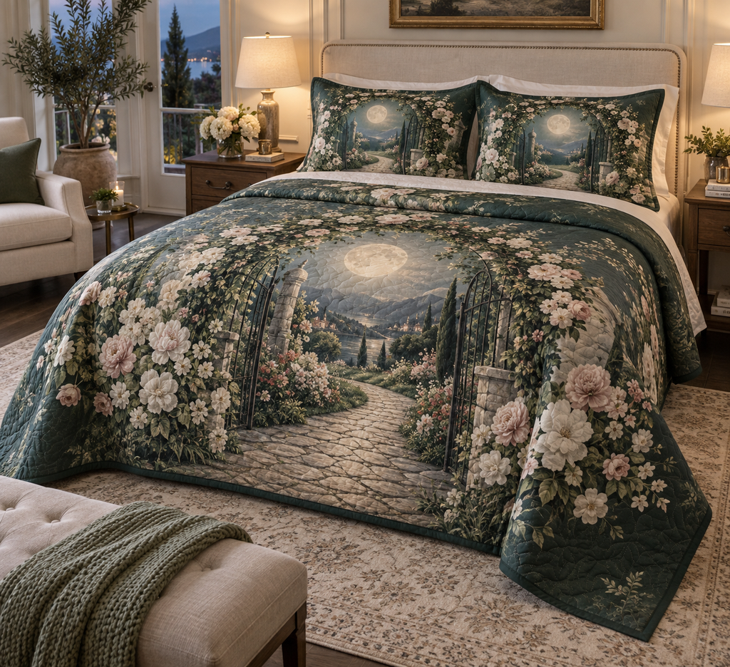 Moon Garden Gate Host Gift Bedding Set with flat printed optical 3D champagne crescent, emerald floral gate and receding garden path