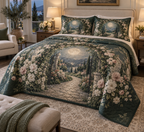 Moon Garden Gate Host Gift Bedding Set with flat printed optical 3D champagne crescent, emerald floral gate and receding garden path