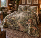 Woodland Mushroom Reading Nook Bedding Set with flat printed optical 3D woodland mushrooms, ferns and receding forest path
