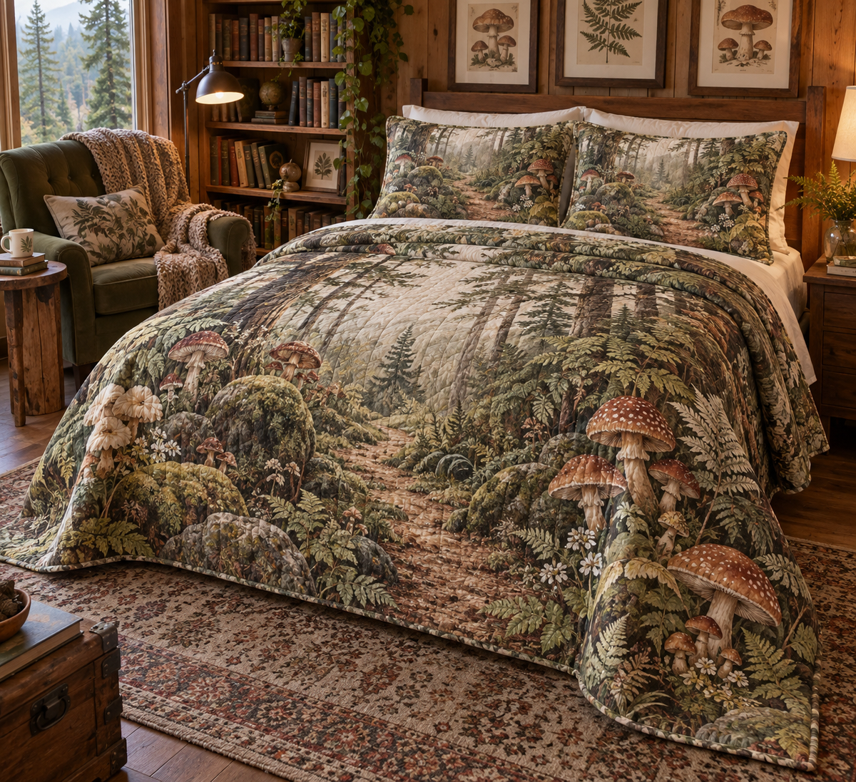 Woodland Mushroom Reading Nook Bedding Set with flat printed optical 3D woodland mushrooms, ferns and receding forest path