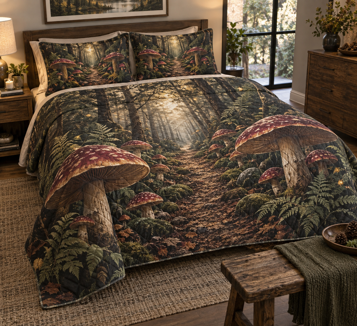Woodland Mushroom Bedroom Bedding Set with flat printed optical 3D burgundy mushrooms, dark ferns and receding forest path