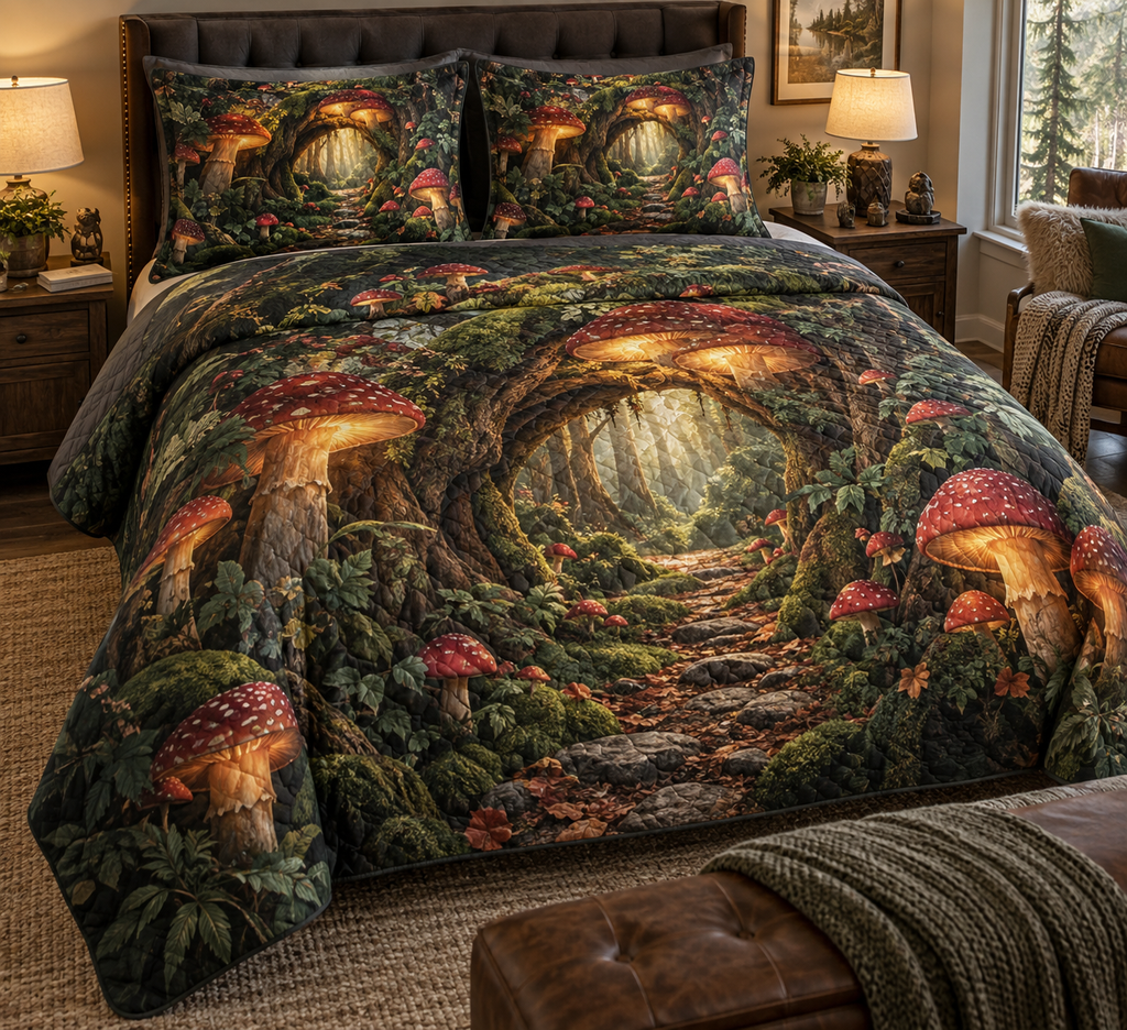 Woodland Mushroom Grotto Bedding Set with flat printed optical 3D mushroom grotto, emerald ferns and receding forest trail