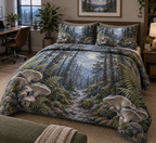 Woodland Mushroom Office Bedding Set with flat printed optical 3D smoky-blue oyster mushrooms, sage ferns and forest path