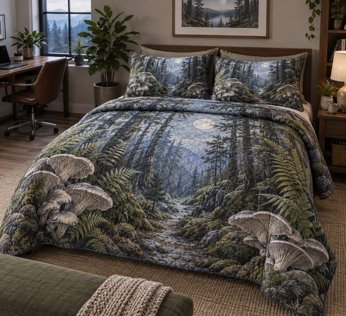 Woodland Mushroom Office Bedding Set with flat printed optical 3D smoky-blue oyster mushrooms, sage ferns and forest path
