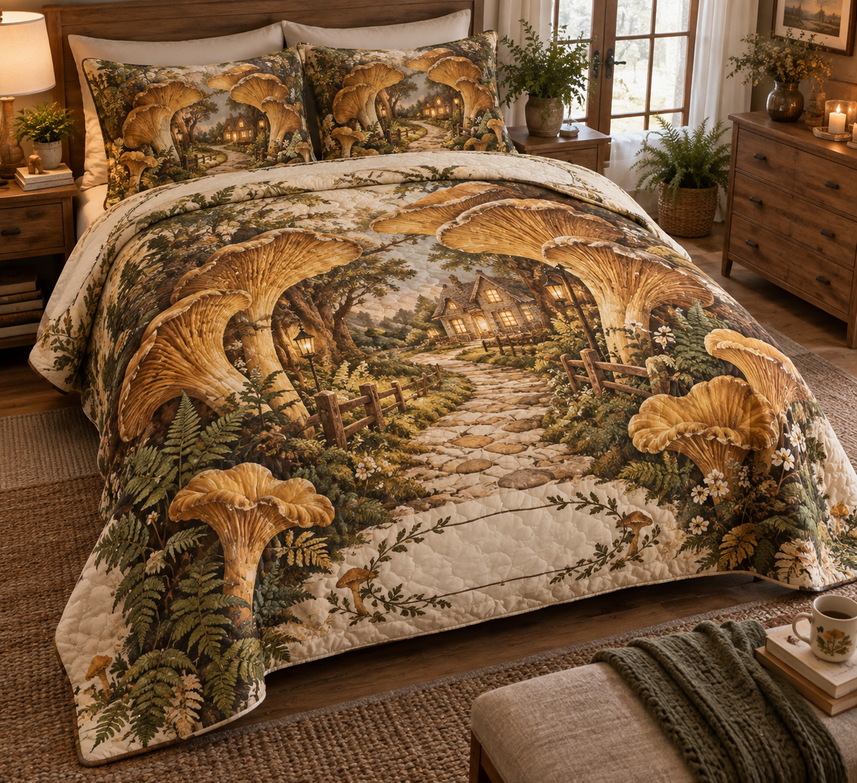 Woodland Mushroom Housewarming Bedding Set with flat printed optical 3D honey mushrooms, sage ferns and cottage path; customer family name added after ordering