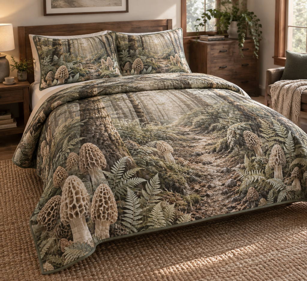 Woodland Mushroom Quiet Corner Bedding Set with flat printed optical 3D ivory morels, sage ferns and misty forest path