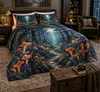 Woodland Mushroom Birthday Bedding Set with flat printed optical 3D violet and copper mushrooms, teal ferns and forest path