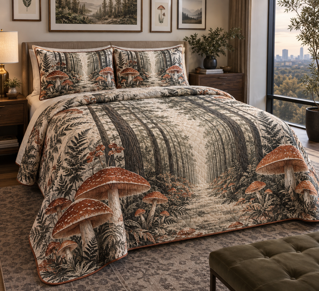 Woodland Mushroom Gallery Bedding Set with flat printed optical 3D terracotta mushrooms, charcoal ferns and geometric forest path