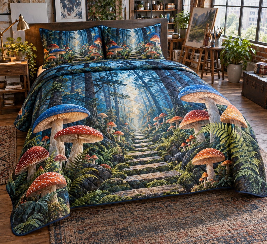 Woodland Mushroom Studio Bedding Set with flat printed optical 3D cobalt and coral mushrooms, teal ferns and mosaic forest path
