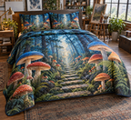 Woodland Mushroom Studio Bedding Set with flat printed optical 3D cobalt and coral mushrooms, teal ferns and mosaic forest path