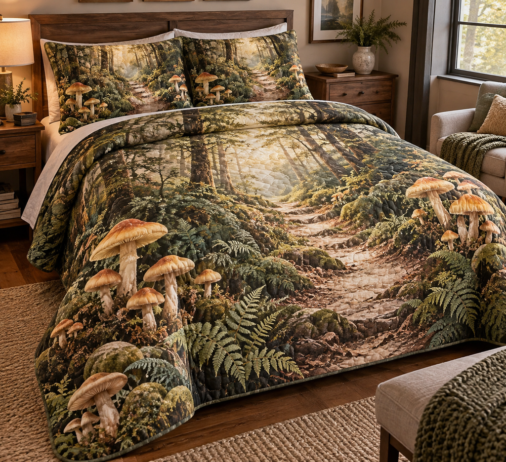 Woodland Mushroom Host Gift Bedding Set with flat printed optical 3D golden mushrooms, sage ferns and sunlit forest path