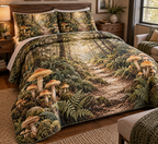 Woodland Mushroom Host Gift Bedding Set with flat printed optical 3D golden mushrooms, sage ferns and sunlit forest path