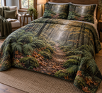 Fern Forest Floor Reading Nook Bedding Set with flat printed optical 3D emerald ferns, copper leaves and receding moss trail