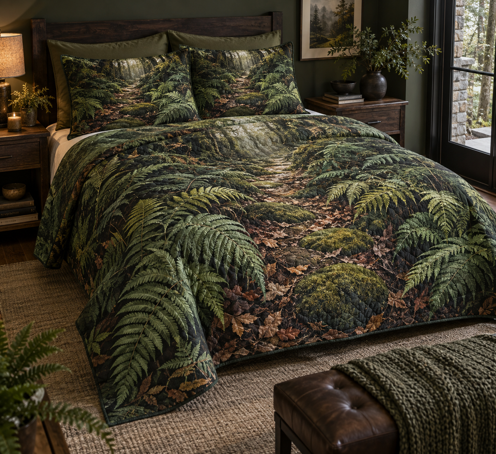 Fern Forest Floor Bedroom Bedding Set with flat printed optical 3D deep emerald ferns, copper leaves and mossy forest trail