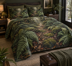Fern Forest Floor Bedroom Bedding Set with flat printed optical 3D deep emerald ferns, copper leaves and mossy forest trail