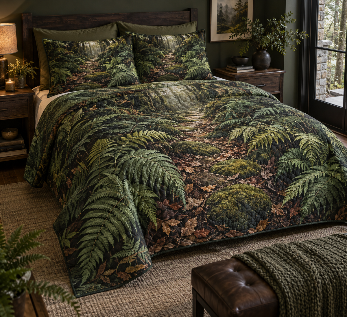 Fern Forest Floor Bedroom Bedding Set with flat printed optical 3D deep emerald ferns, copper leaves and mossy forest trail
