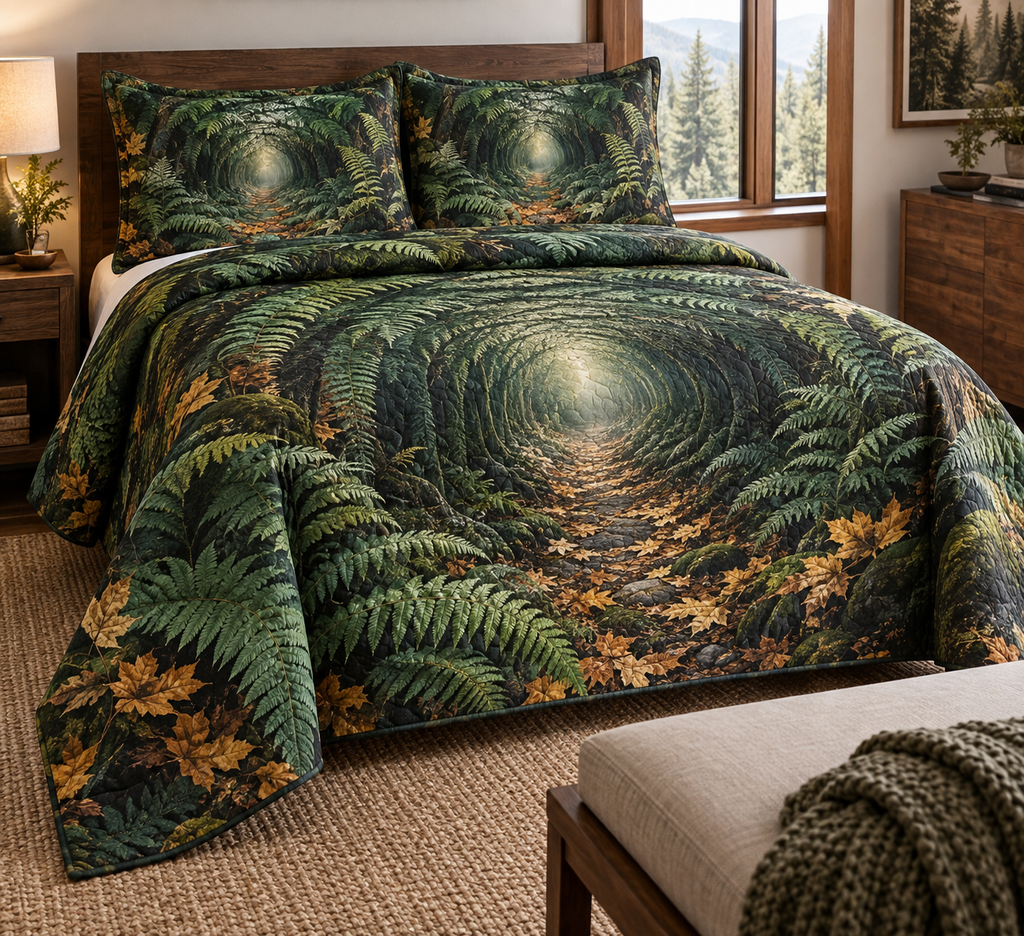 Fern Forest Floor Living Room Bedding Set with flat printed optical 3D luminous emerald fern spiral, copper leaves and stepping-stone path